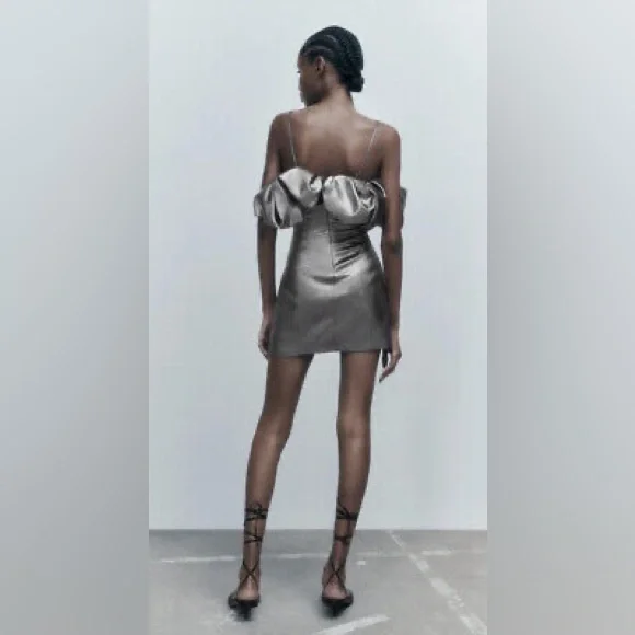 NWT Zara Metallic Mini Dress Silver Ruffle Strapless Party Cocktail Clubwear - Picture 2 of 5